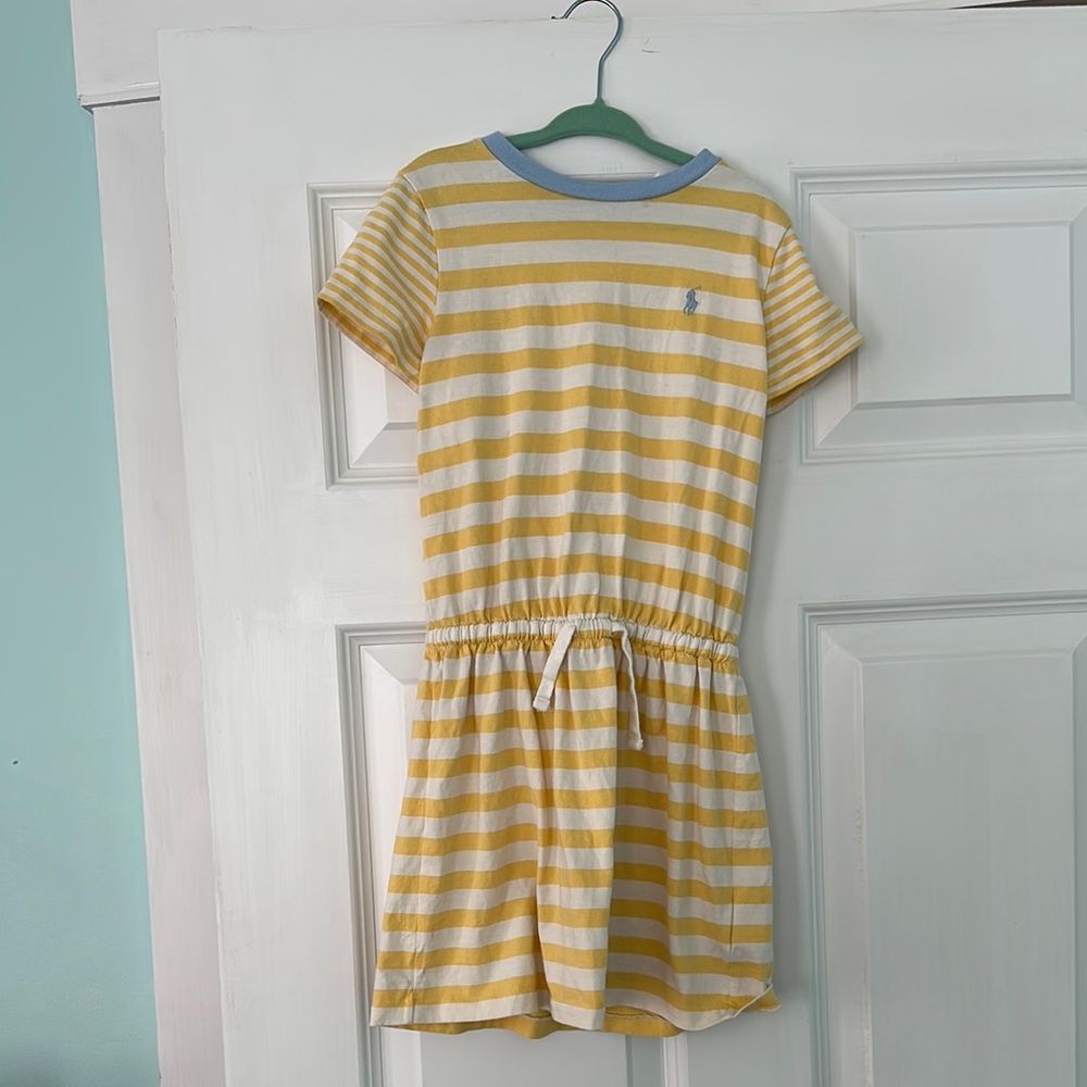 Yellow and White Striped Dress with Blue Trim